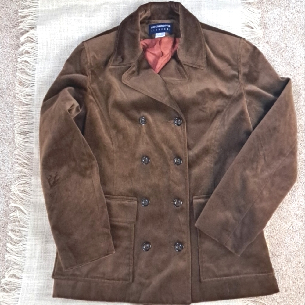 Liz Claiborne velvet double breasted lightweight Pea Coat jacket szS-M